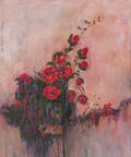 Bloom Anyway by Michelle Johnson, red blossoms rising through dark expressive foliage against a textured soft blush background.