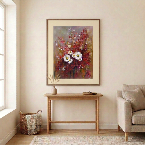Dancing Daisies room view with cream mat and walnut frame