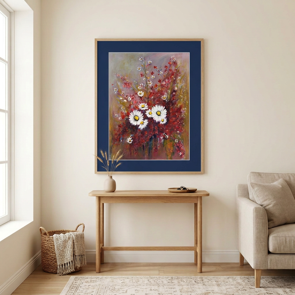 Dancing Daisies room view with navy mat
